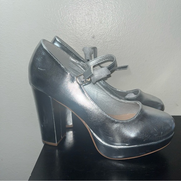 Perphy Platform Mary Janes Block Heels Pumps for Women Metallic Silver Sz 8 - Picture 4 of 12